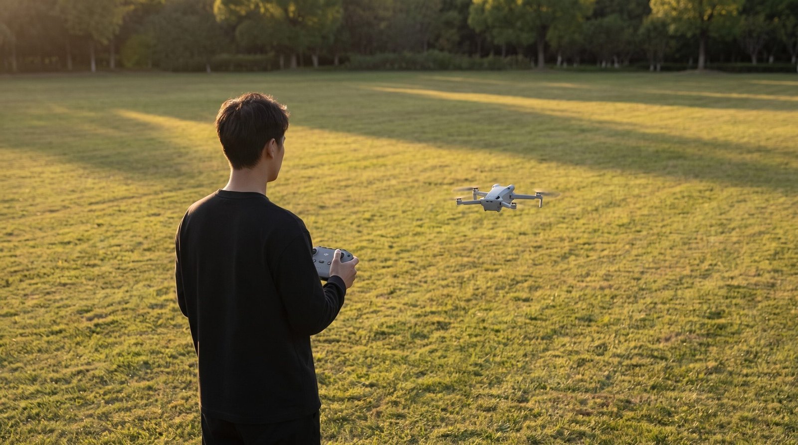 Drone pairando baixo sobre gramado aberto com o piloto ao fundo