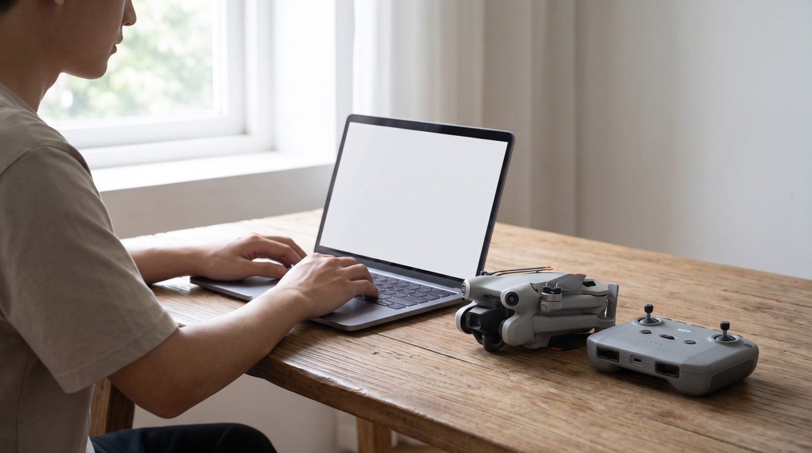 Pessoa confere no notebook a homologação do drone que está sobre a mesa