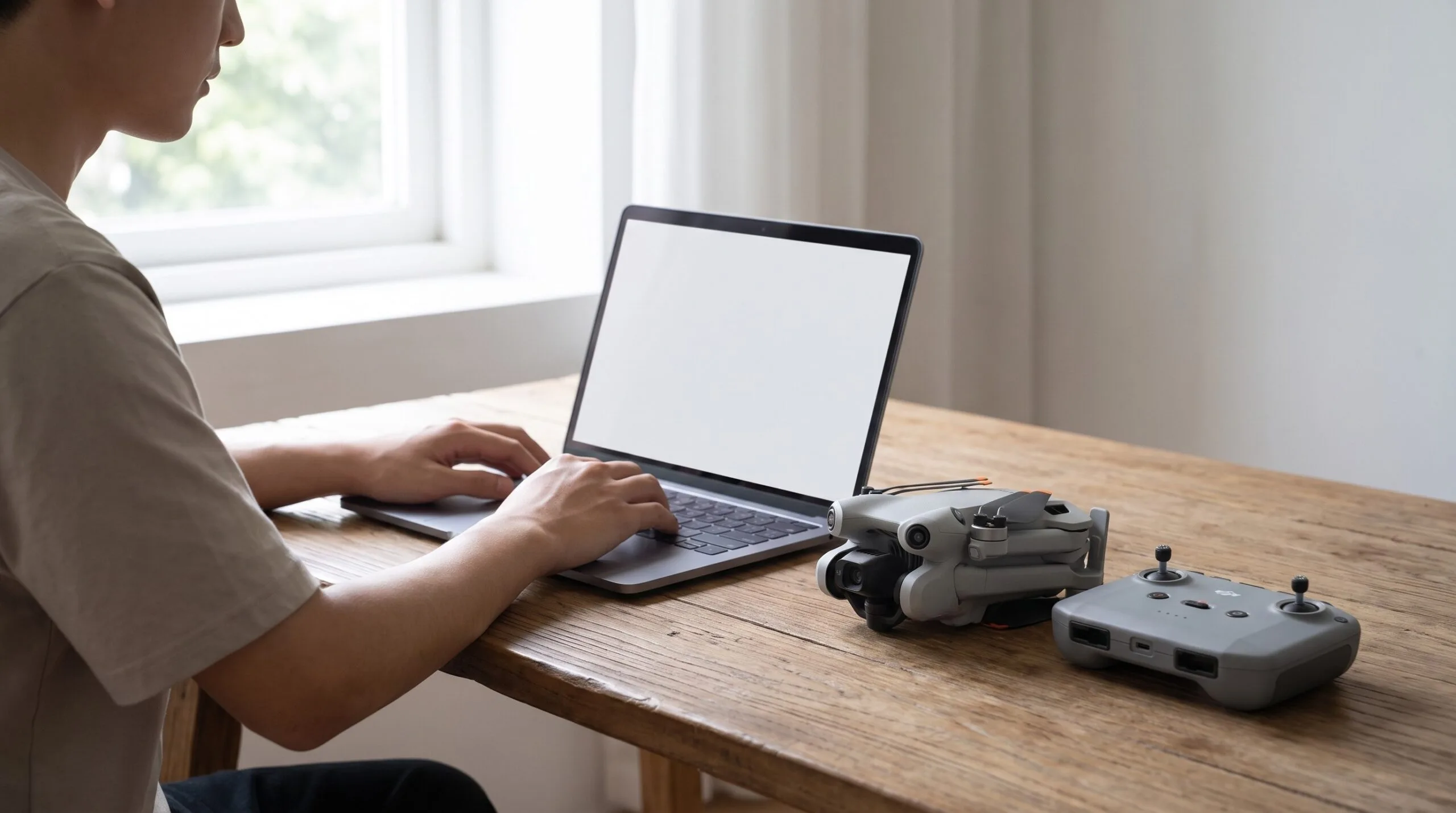 Pessoa confere no notebook a homologação do drone que está sobre a mesa