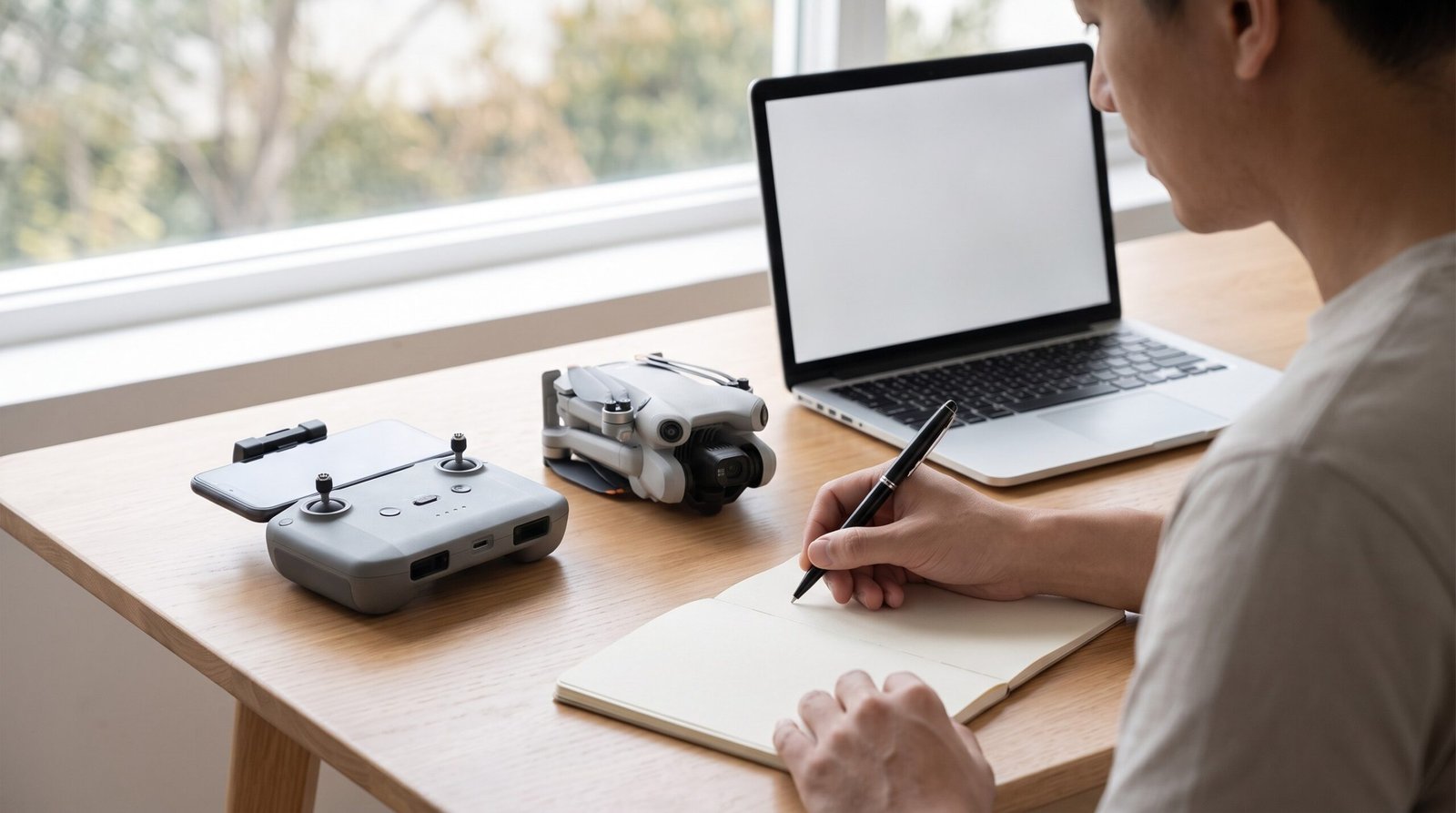 Pessoa faz anotações de estudo com o drone dobrado ao lado do caderno