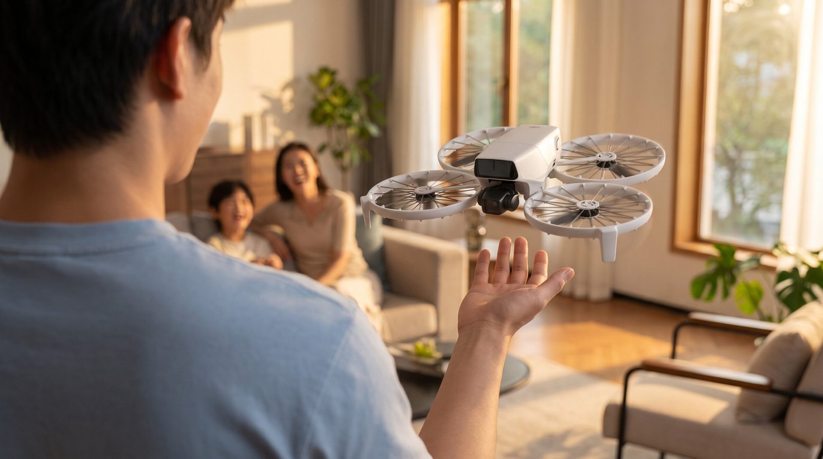 DJI Flip decolando da palma da mão em ambiente interno com pessoas ao fundo