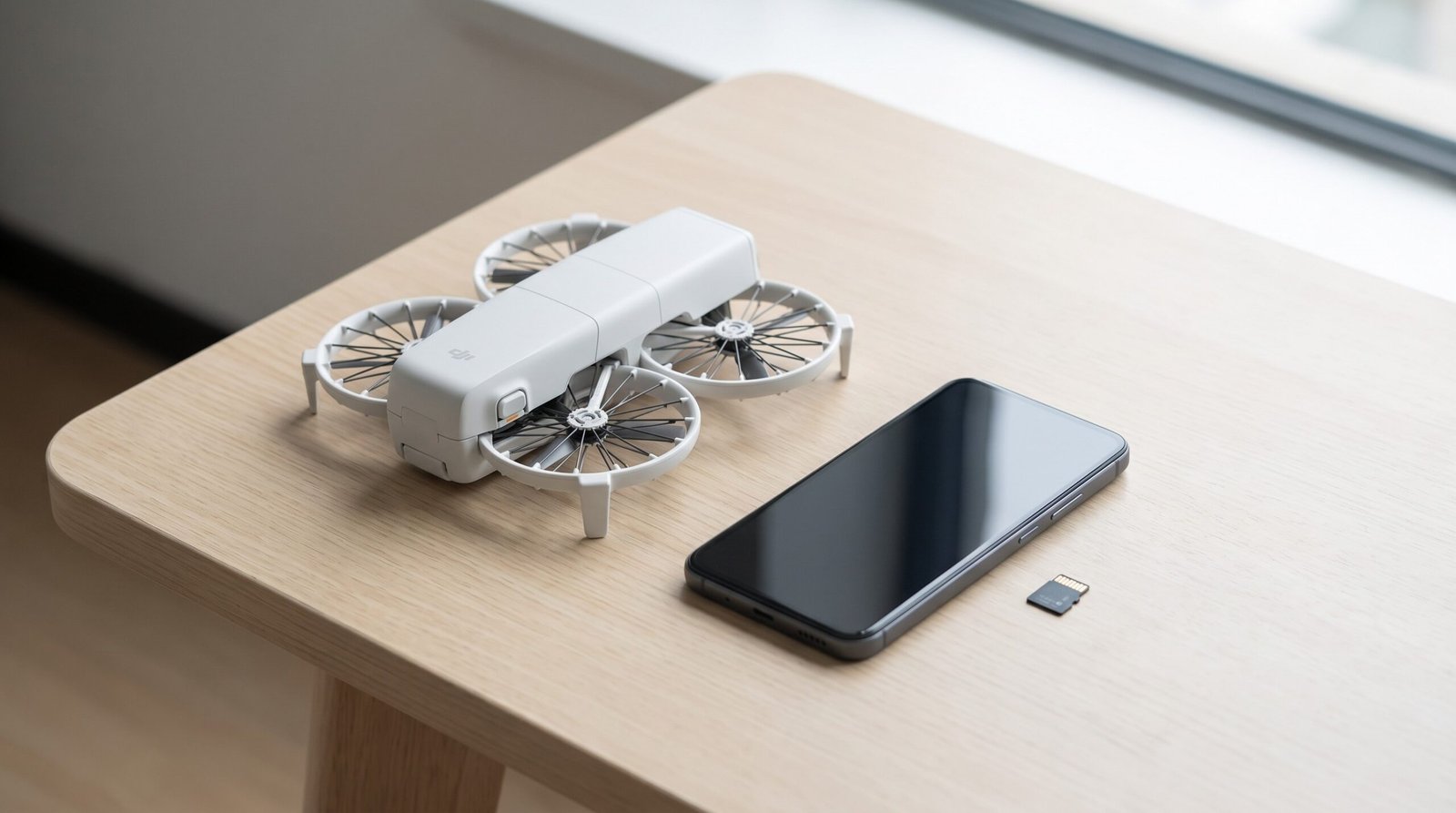 DJI Flip dobrado sobre a mesa ao lado de celular desligado e cartão microSD