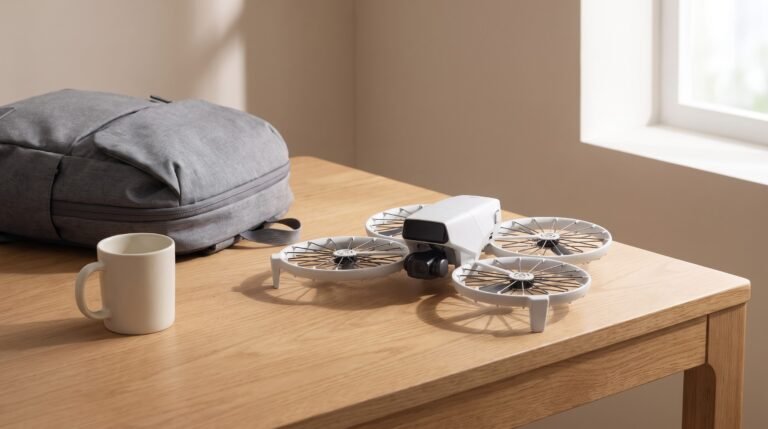 Drone DJI Flip com protetores de hélice integrados sobre mesa de madeira clara