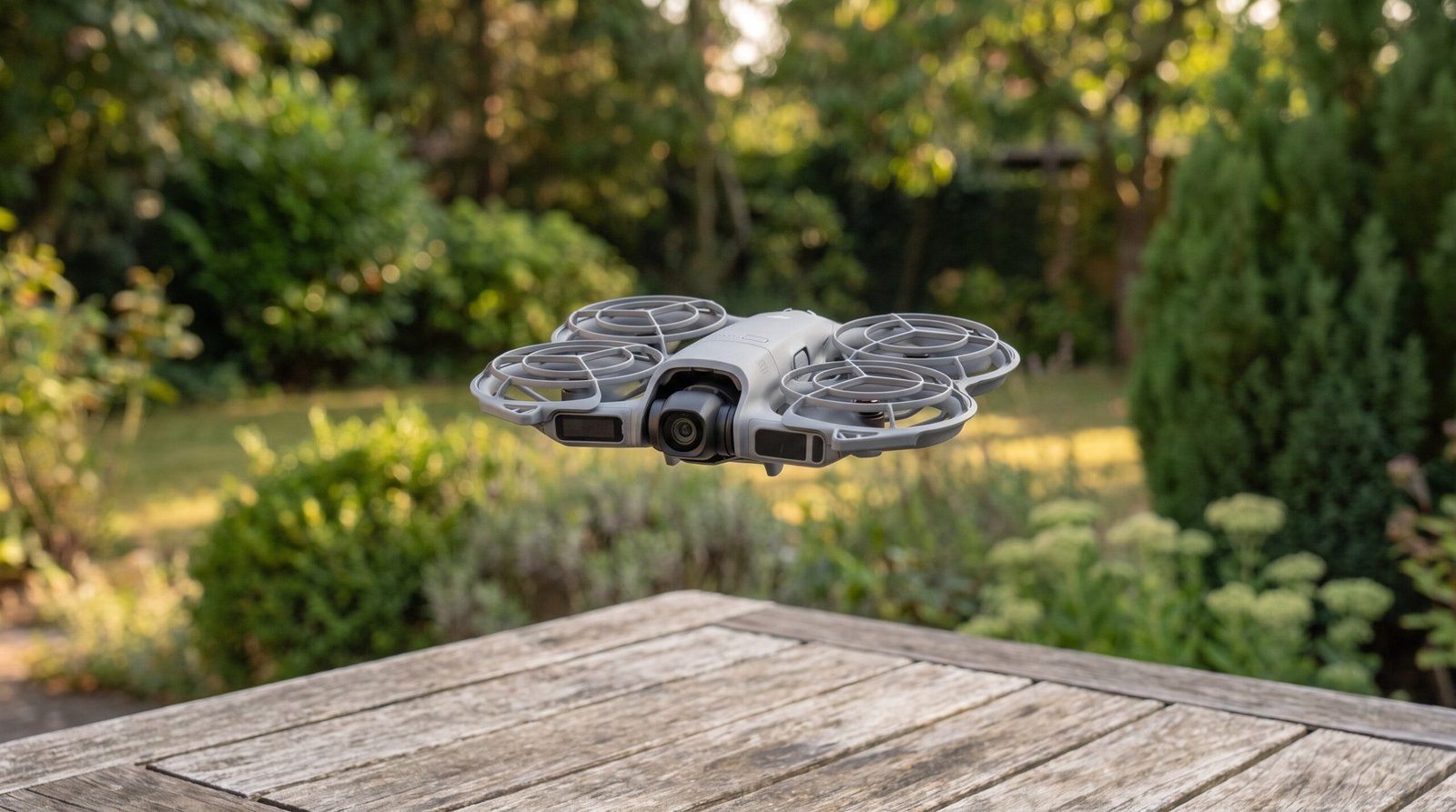 DJI Neo 2 pairando na altura dos olhos com jardim desfocado ao fundo