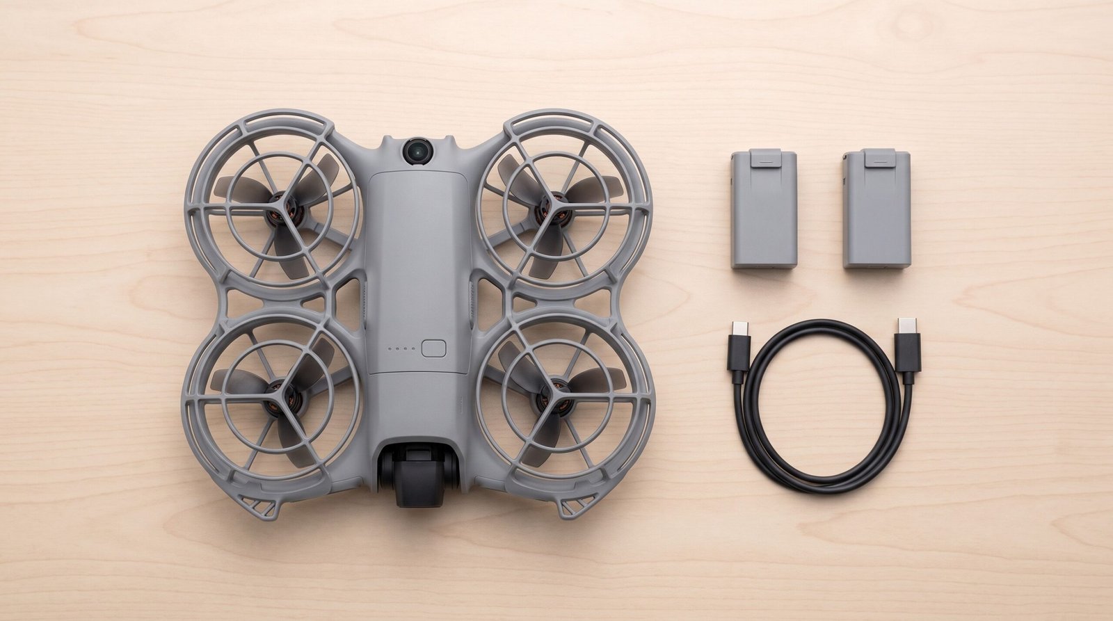 DJI Neo 2 visto de cima ao lado de duas baterias extras e cabo USB-C