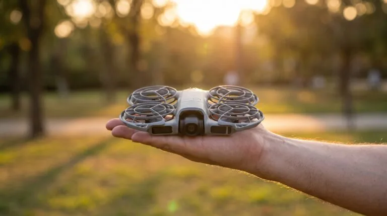 Drone DJI Neo 2 com gaiolas de hélice completas pousado na palma da mão