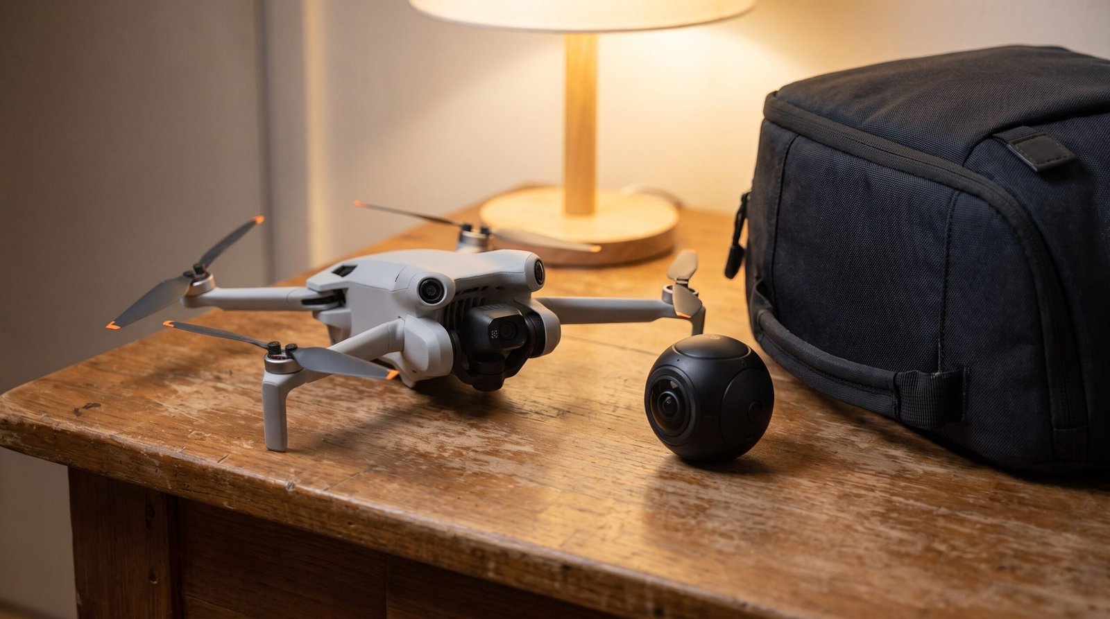 Drone pequeno e câmera 360 lado a lado sobre a mesa