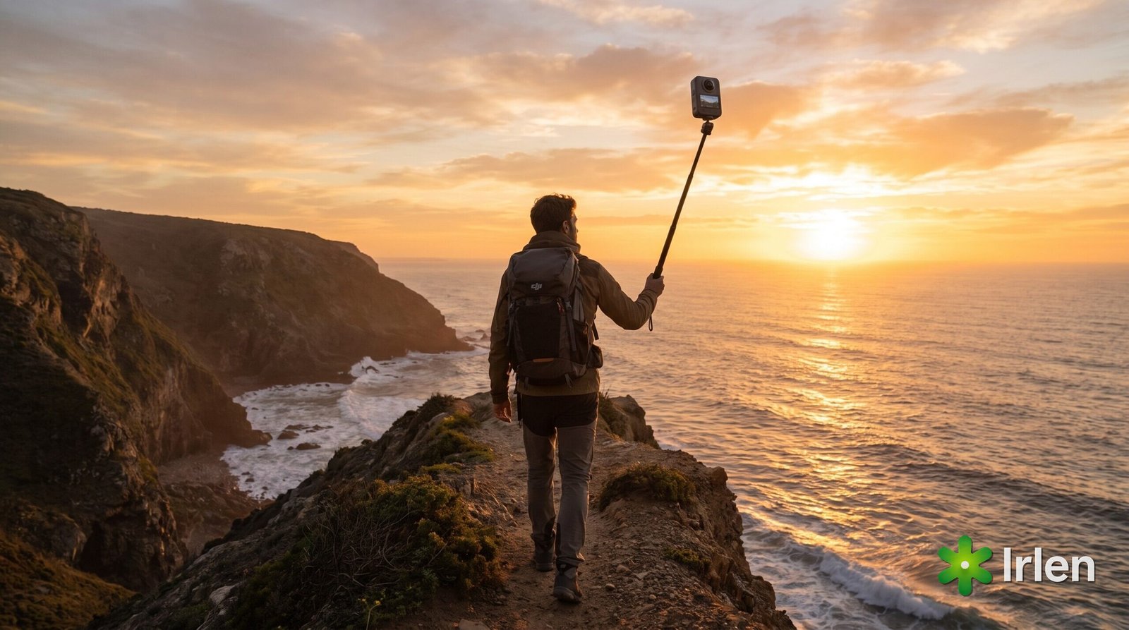 DJI Osmo 360 na ponta do bastão de extensão em trilha litorânea
