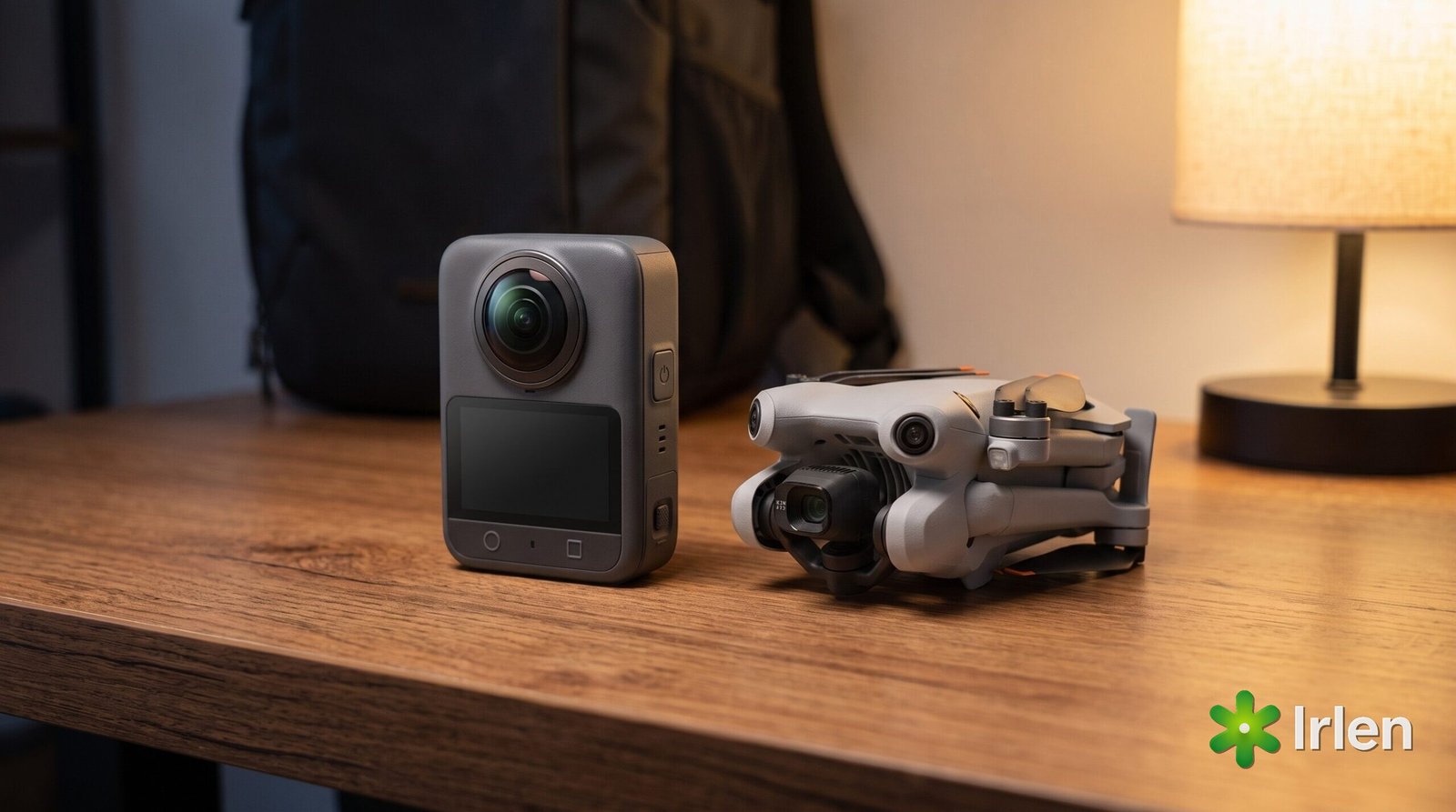 DJI Osmo 360 e drone DJI Mini 4 Pro lado a lado sobre a mesa