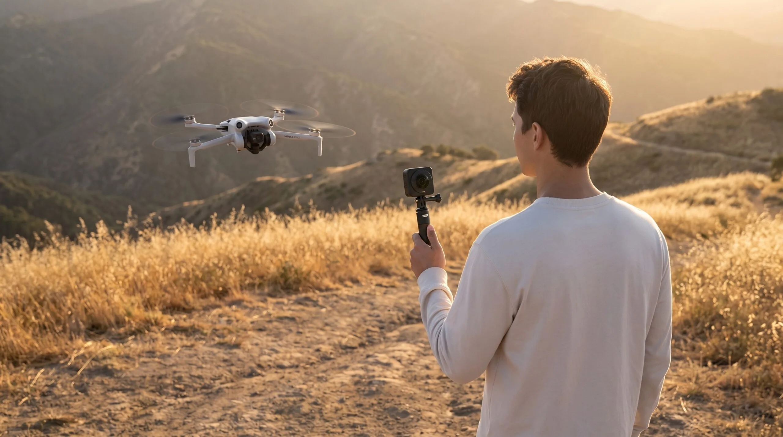 Piloto com drone no ar e câmera 360 na mão em trilha ao entardecer