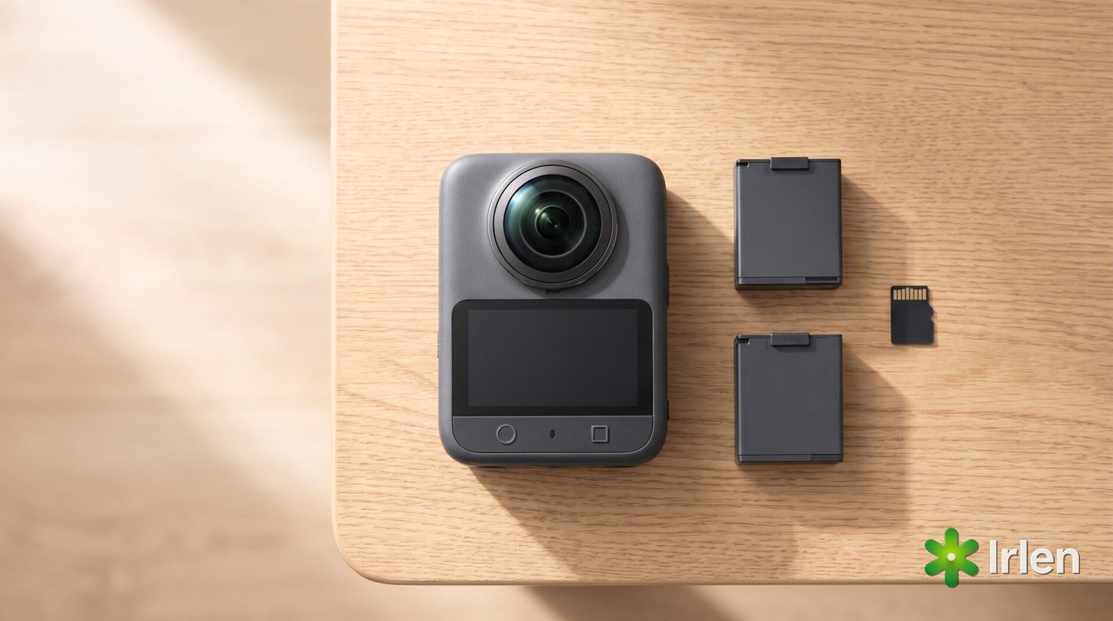 Câmera DJI Osmo 360 vista de cima ao lado de baterias e cartão de memória