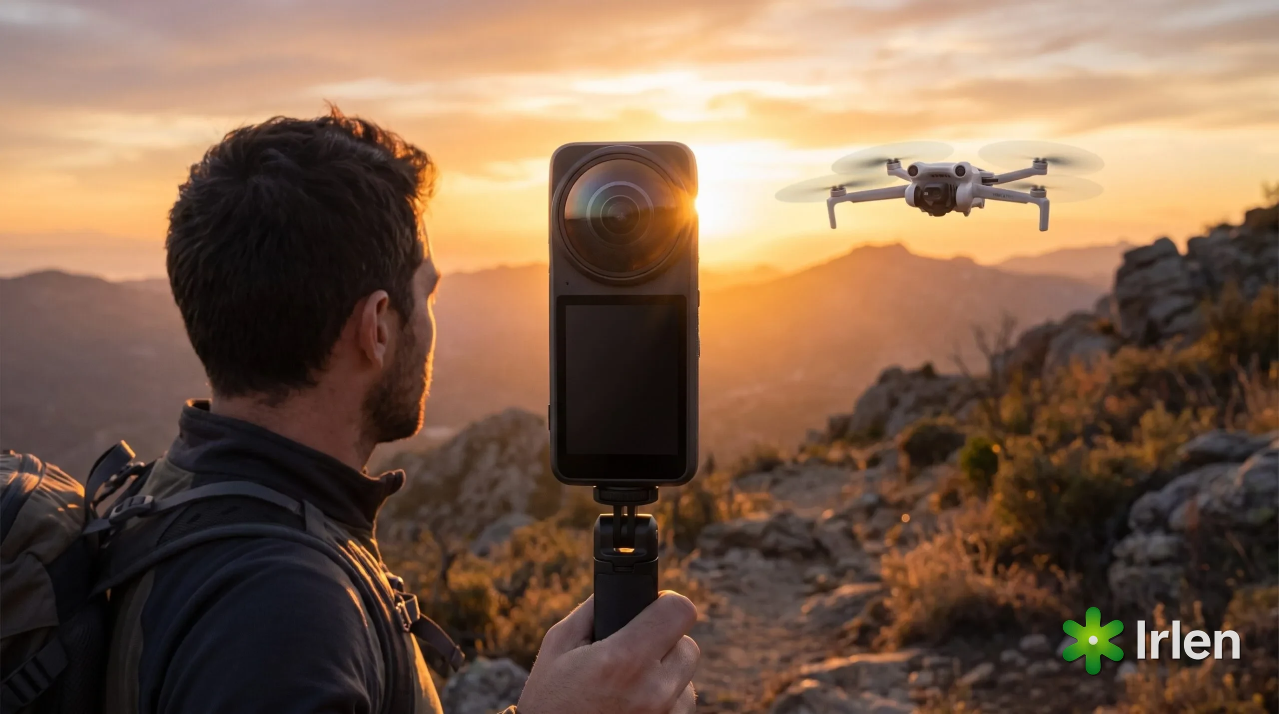 Piloto segura a DJI Osmo 360 com drone DJI Mini 4 Pro voando ao fundo na trilha