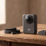 Câmera DJI Osmo 360 sobre mesa de madeira ao lado de cabo USB-C e bateria