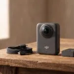 Câmera DJI Osmo 360 sobre mesa de madeira ao lado de cabo USB-C e bateria