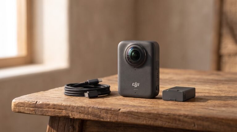 Câmera DJI Osmo 360 sobre mesa de madeira ao lado de cabo USB-C e bateria