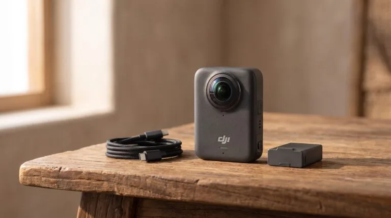 Câmera DJI Osmo 360 sobre mesa de madeira ao lado de cabo USB-C e bateria