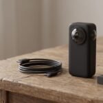 Câmera 360 compacta sobre mesa de madeira com cabo e bateria extra