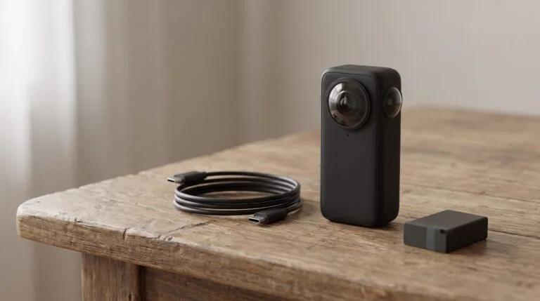 Câmera 360 compacta sobre mesa de madeira com cabo e bateria extra