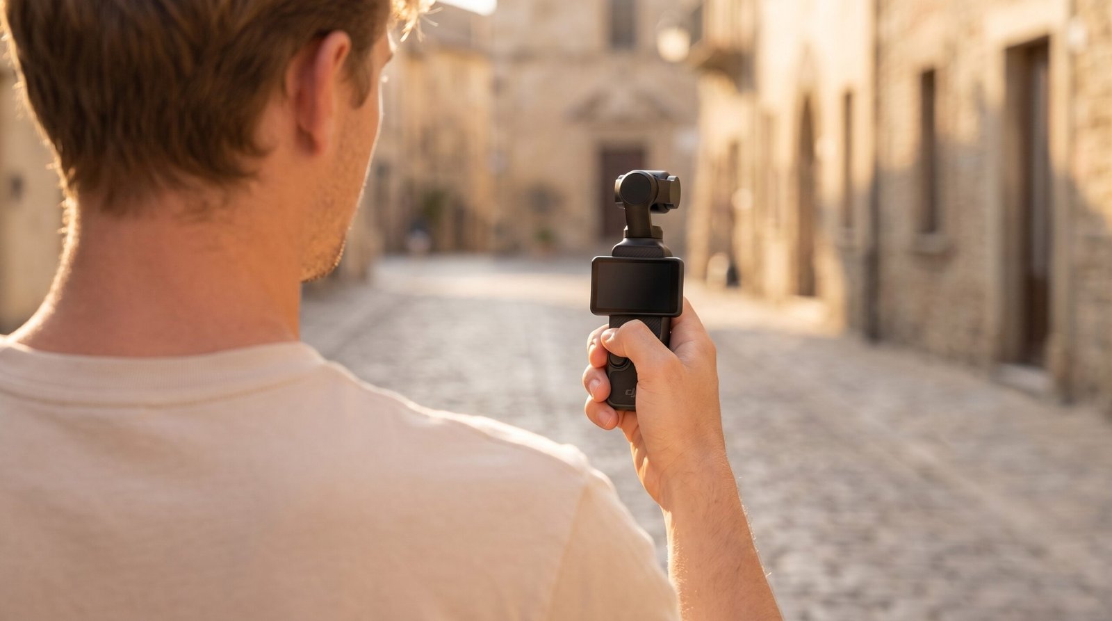 Pessoa filmando com a DJI Osmo Pocket 3 em uma rua de paralelepípedos