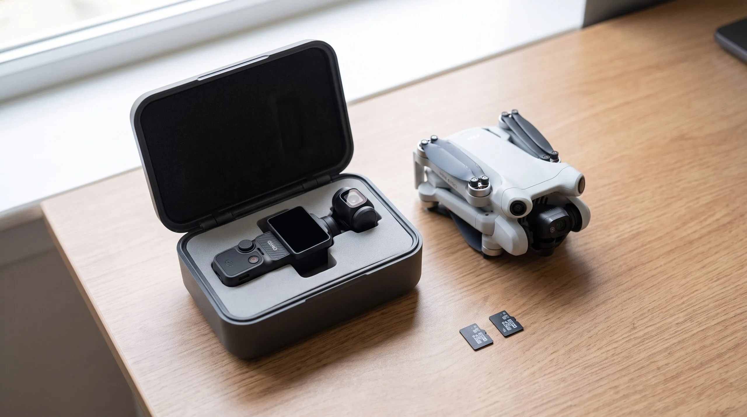 Osmo Pocket 3 no case ao lado de drone dobrado e cartões de memória