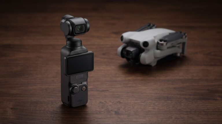 Câmera DJI Osmo Pocket 3 em pé sobre mesa escura com drone desfocado ao fundo