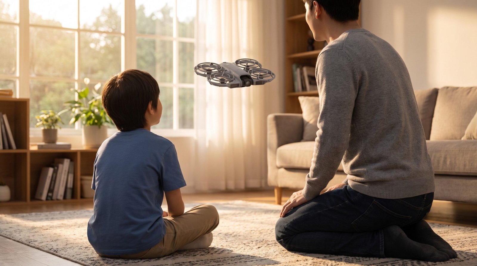 Criança e adulto de costas observando drone de gaiola completa pairando na sala