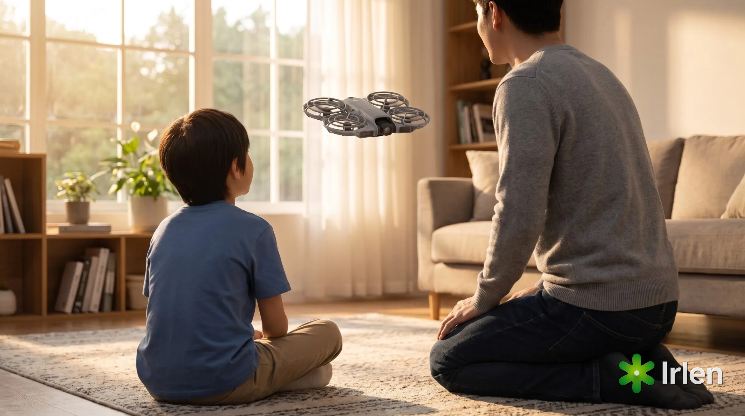 Criança e adulto de costas observando drone de gaiola completa pairando na sala