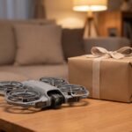 Drone com gaiolas de hélice completas sobre a mesa ao lado de um presente embrulhado