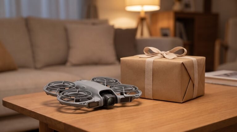 Drone com gaiolas de hélice completas sobre a mesa ao lado de um presente embrulhado