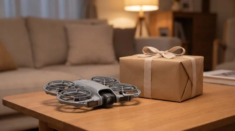 Drone com gaiolas de hélice completas sobre a mesa ao lado de um presente embrulhado