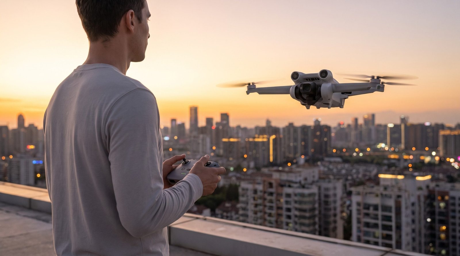 Criador de conteúdo operando drone leve em laje ao pôr do sol