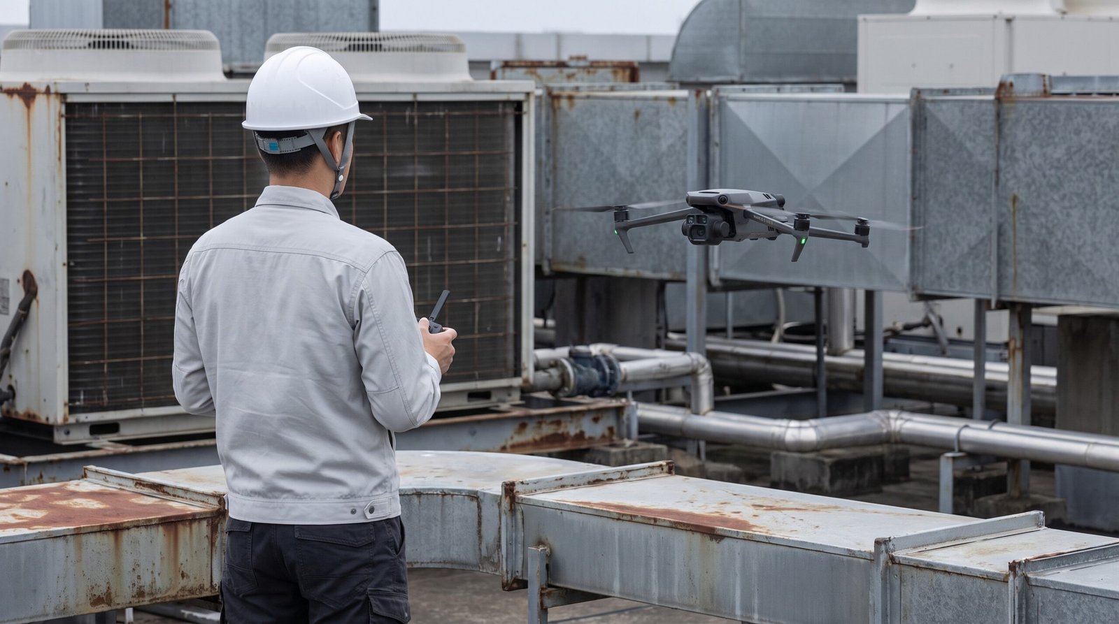 Técnico operando drone de inspeção em área industrial