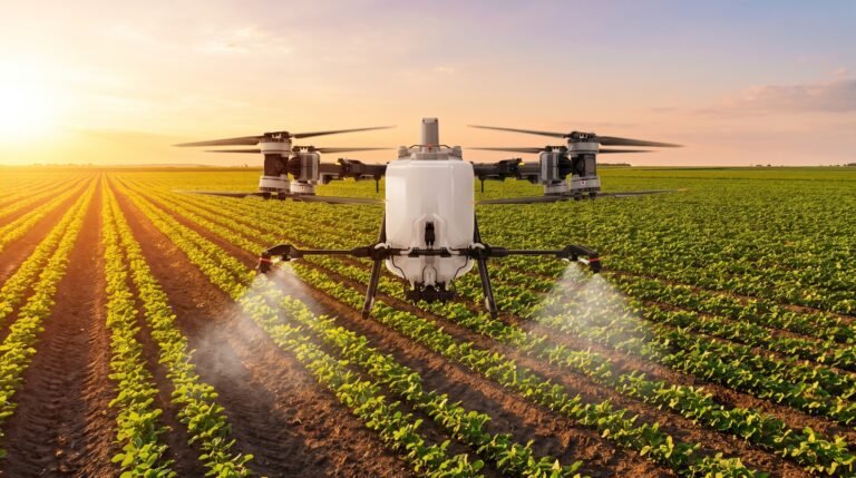 Drone agricola pulverizando sobre lavoura na hora dourada