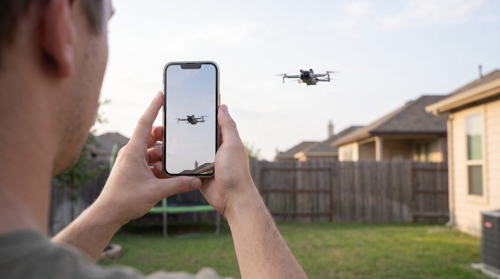 Morador filma com o celular o drone que sobrevoa alto o quintal da casa