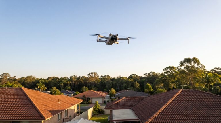 Drone pequeno visto do quintal, alto no céu sobre os telhados das casas