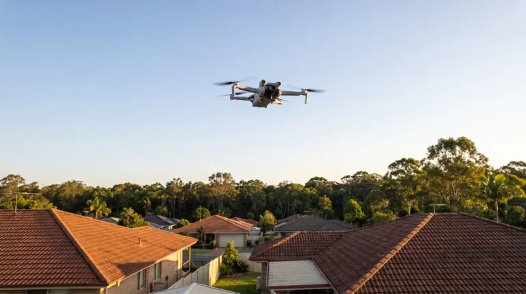 Drone pequeno visto do quintal, alto no céu sobre os telhados das casas