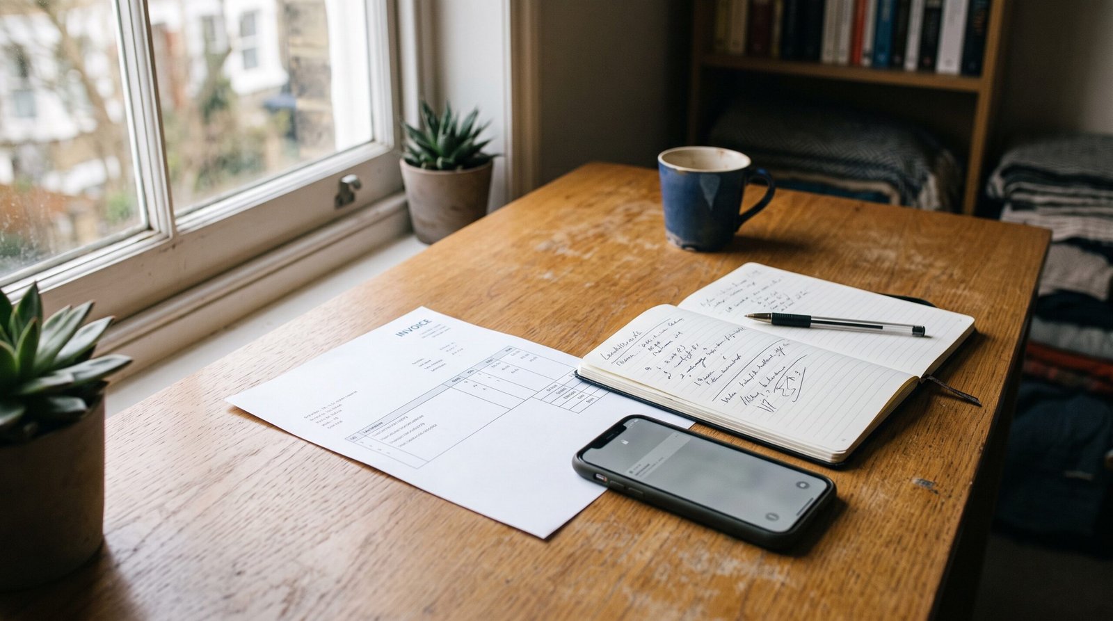 Mesa com nota fiscal, celular e caderno de anotacoes