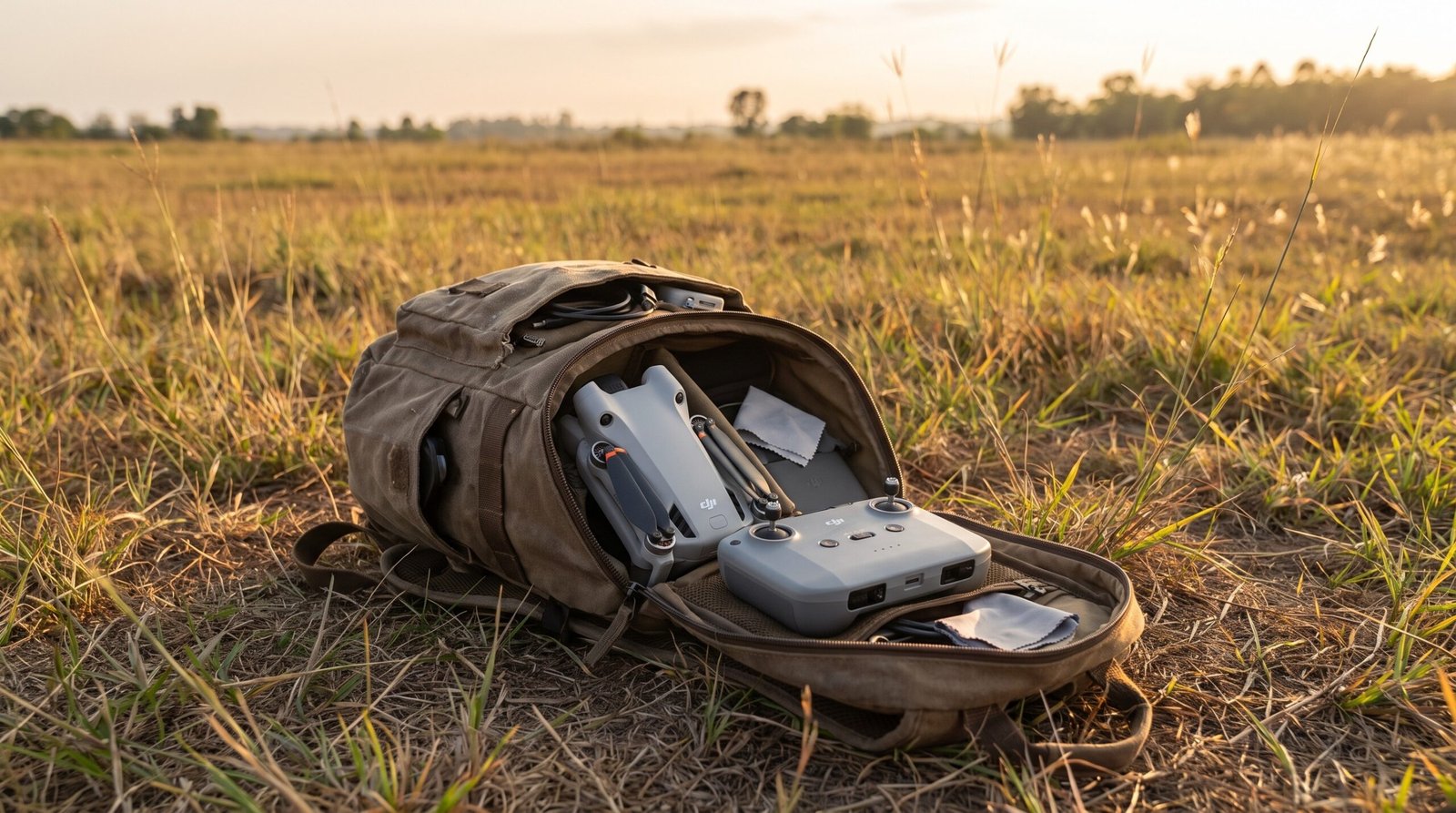 Drone e controle guardados em mochila aberta em campo
