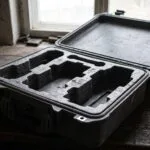 Case de drone aberto e vazio sobre uma mesa