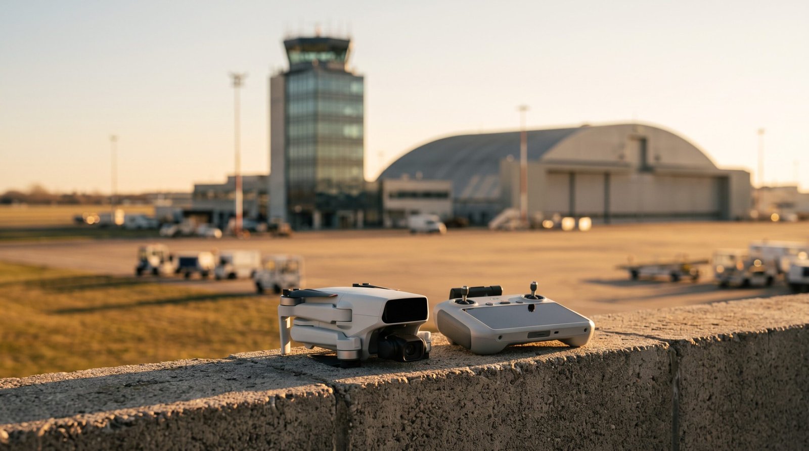 Drone dobrado sobre muro com torre de controle e hangar ao fundo