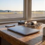 Mesa de planejamento com notebook fechado, drone dobrado e café diante de um campo de pouso