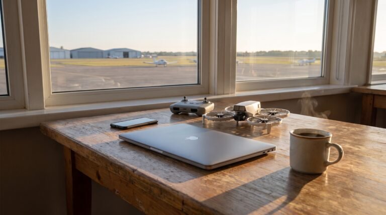 Mesa de planejamento com notebook fechado, drone dobrado e café diante de um campo de pouso