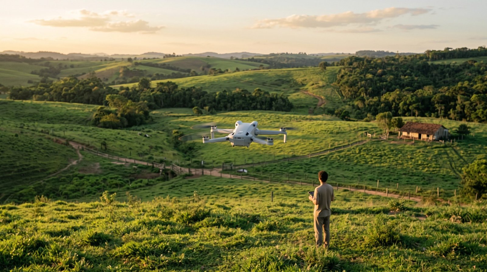 Drone leve voando baixo sobre paisagem brasileira ao entardecer