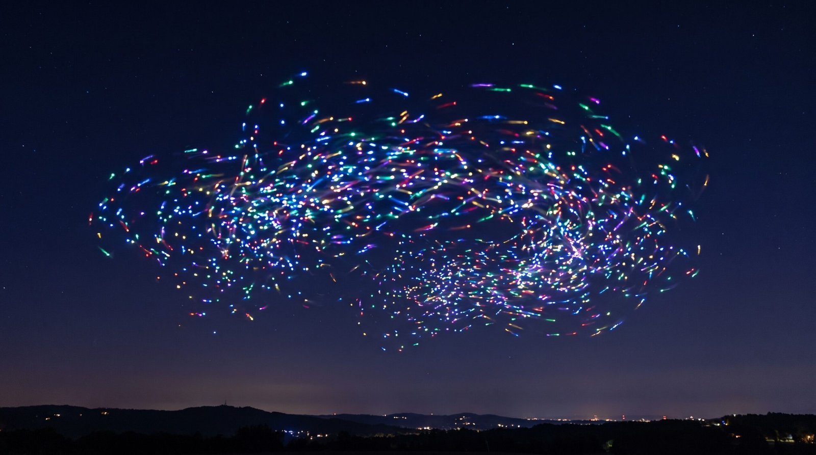Centenas de pontos de luz de um show de drones no ceu noturno