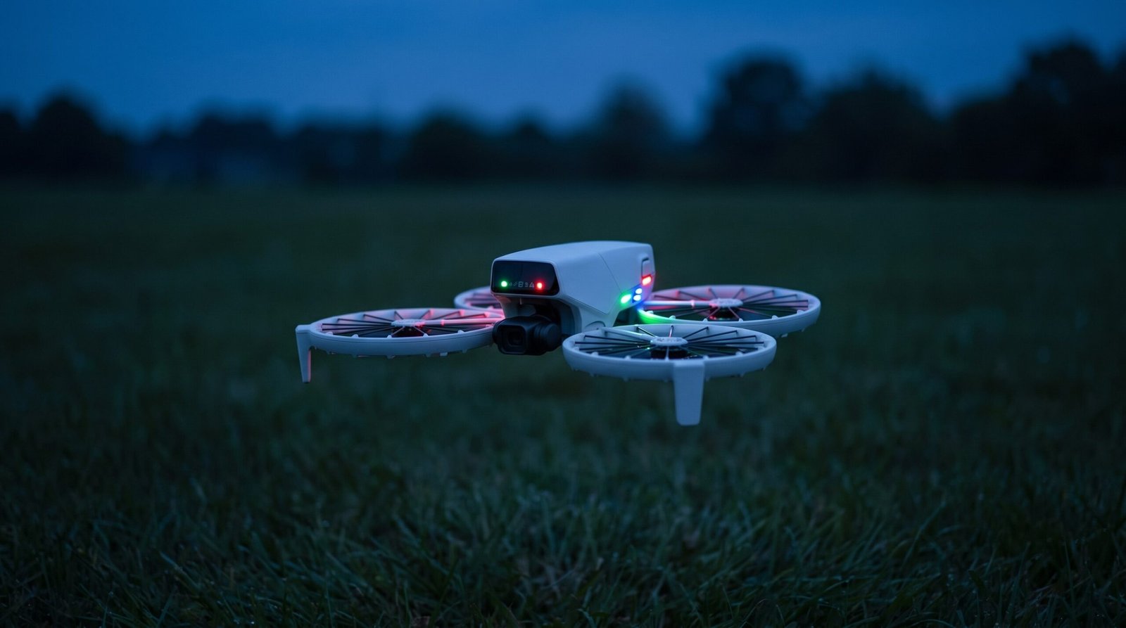 Drone pairando na hora azul com os LEDs de status visíveis no corpo