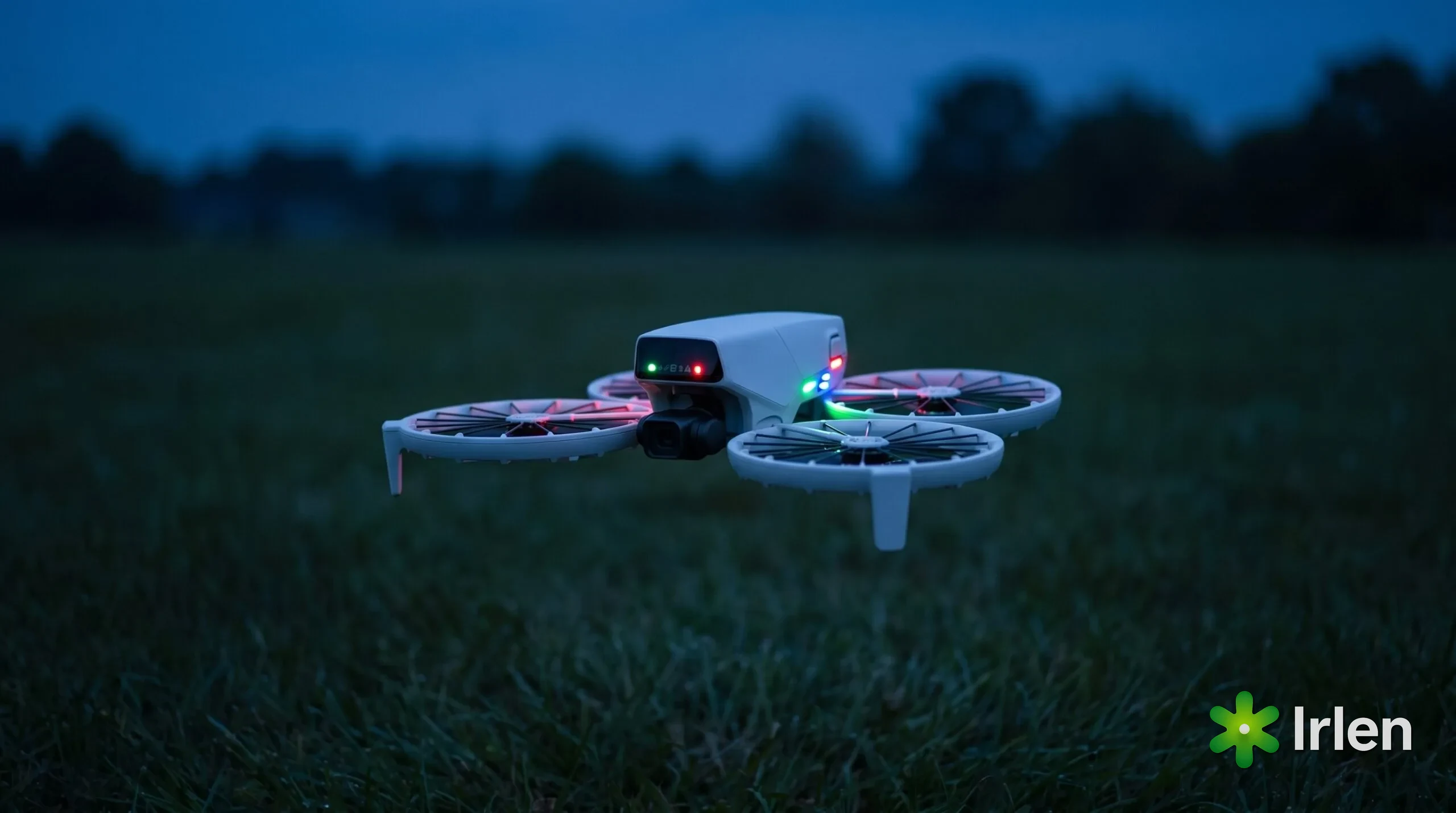 Drone pairando na hora azul com os LEDs de status visíveis no corpo