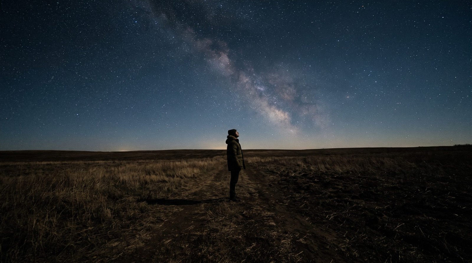 Pessoa observando o céu estrelado em campo escuro, de costas