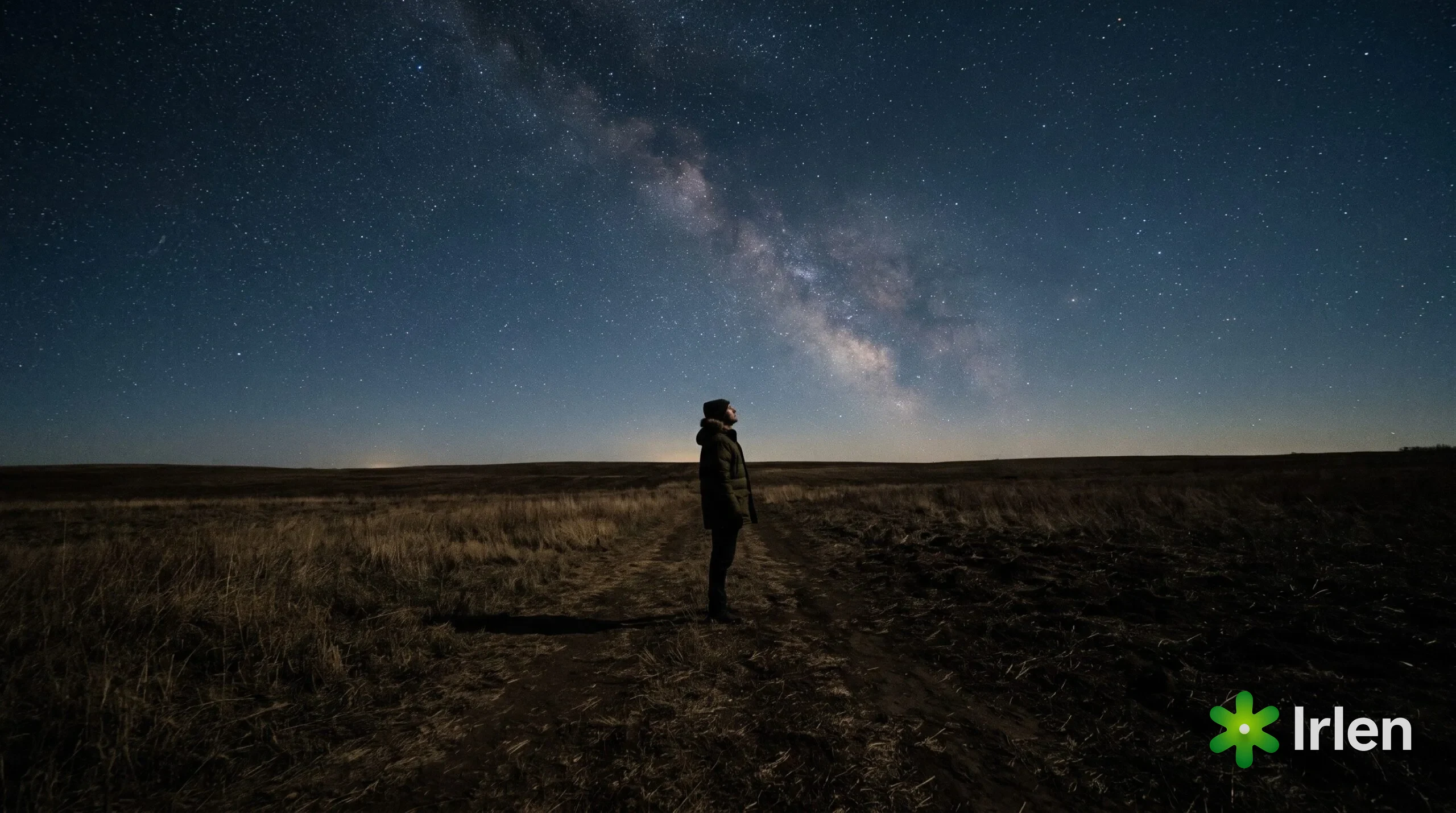 Pessoa observando o céu estrelado em campo escuro, de costas