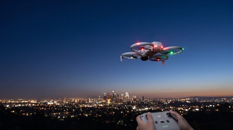 Drone pairando ao anoitecer com as luzes acesas sobre a silhueta de uma cidade