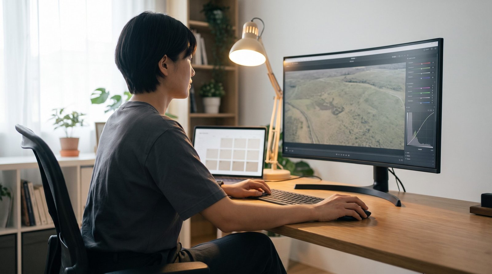 Edicao de video aereo em monitor com paineis de ajuste de cor